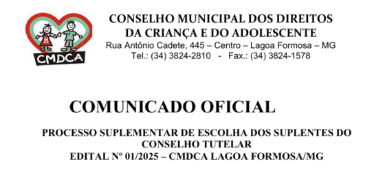 COMUNICADO OFICIAL  PROCESSO SUPLEMENTAR DE ESCOLHA DOS SUPLENTES DO  CONSELHO TUTELAR