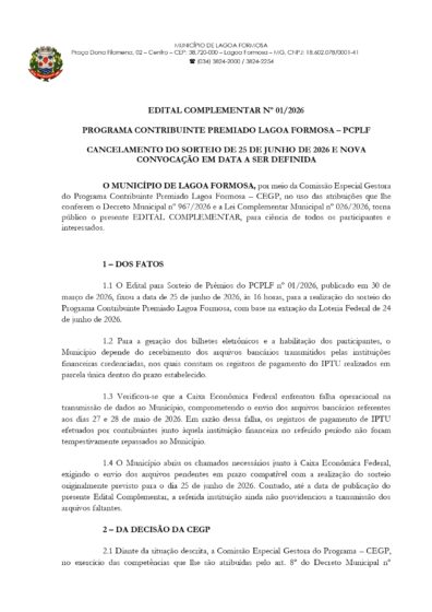 Programa Contribuinte Premiado Lagoa Formosa